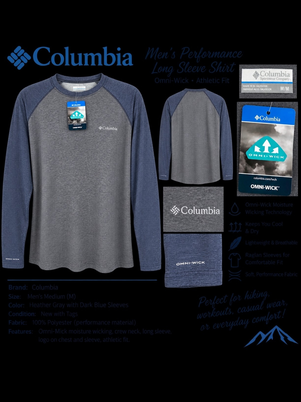 Columbia Men's Heather Gray with Navy Long Sleeve Raglan Performance Tee